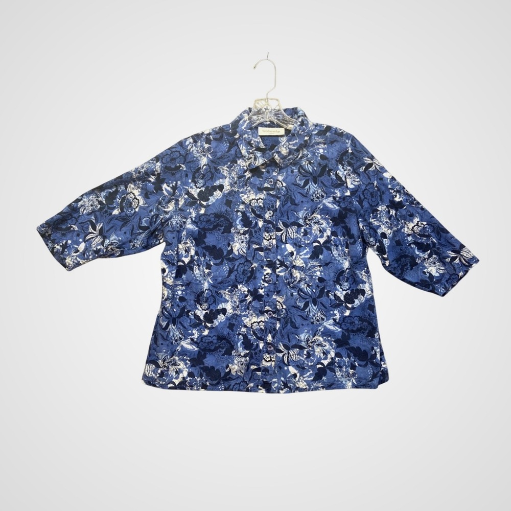 Breckenridge Woman Button Up Shirt Womens 1X Blue Floral 100% Cotton Plus Size